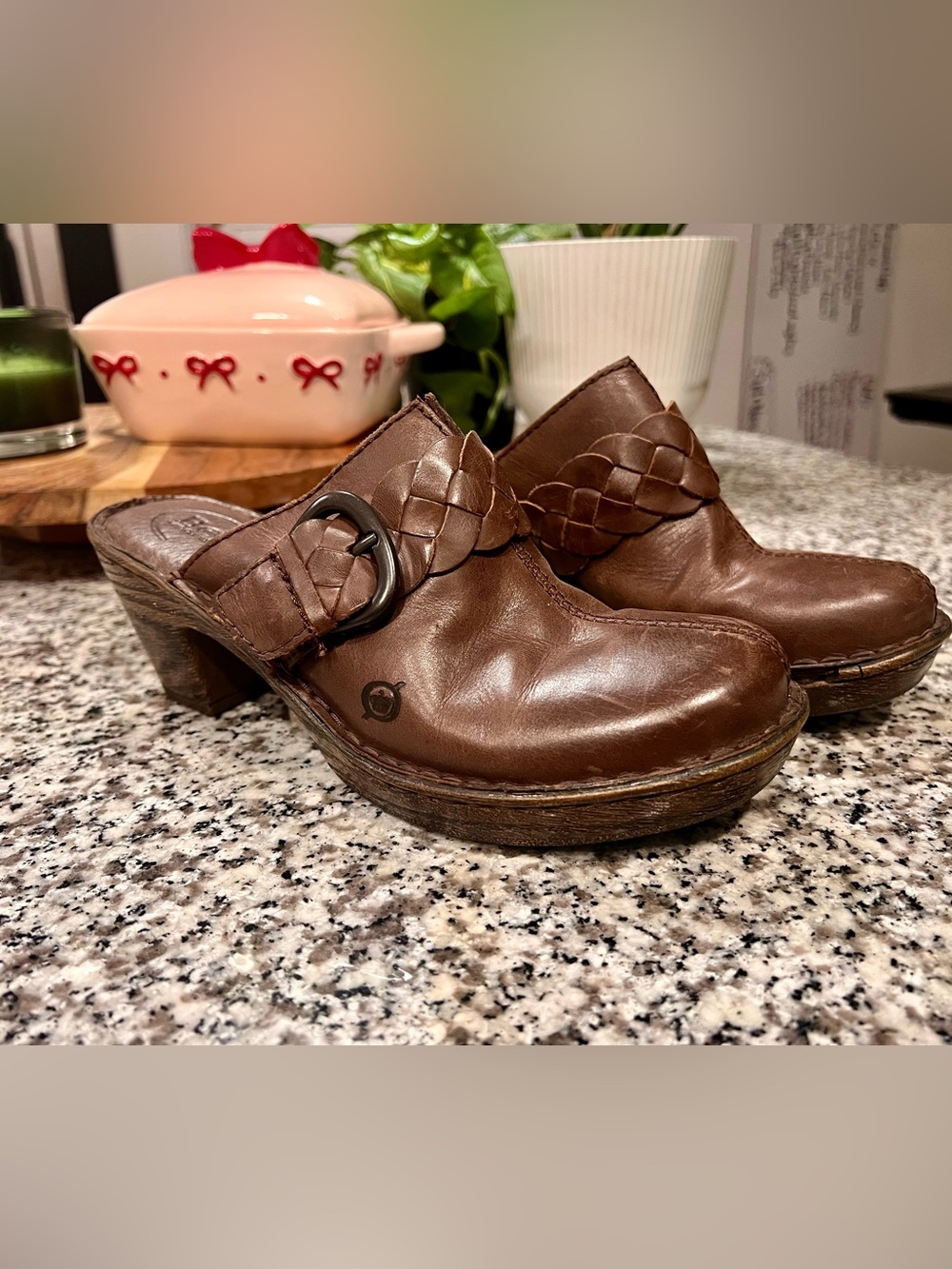Born Brown Braided Leather Mule Clogs with Buckle